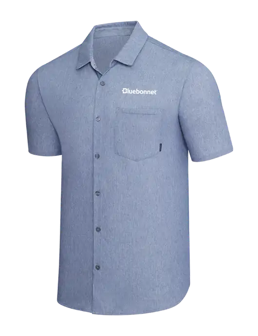 OGIO Slate Blue Heather Extend Short Sleeve Button Up Shirt w/Bluebonnet Logo