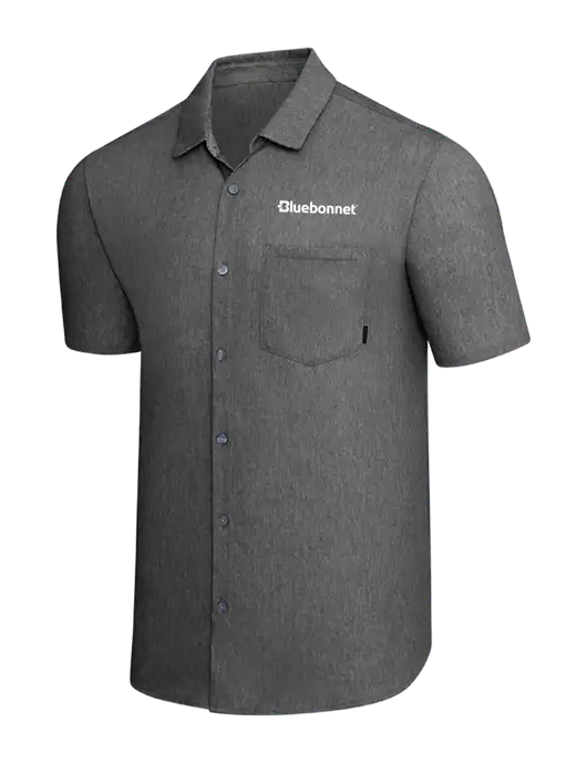 OGIO Dark Grey Heather Extend Short Sleeve Button Up Shirt w/Bluebonnet Logo