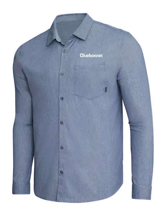 OGIO Slate Blue Heather Extend Long Sleeve Button Up Shirt w/Bluebonnet Logo