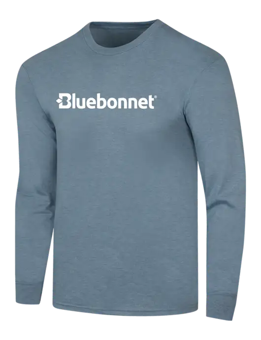 Simply Soft Long Sleeve Slate Blue Heather 4.5 oz, Poly/Combed Ring Spun Cotton T-Shirt w/Bluebonnet Logo