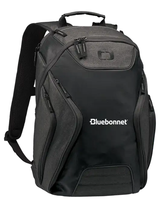 OGIO Black/Heather Grey Hatch Laptop Backpack
 w/Bluebonnet Logo