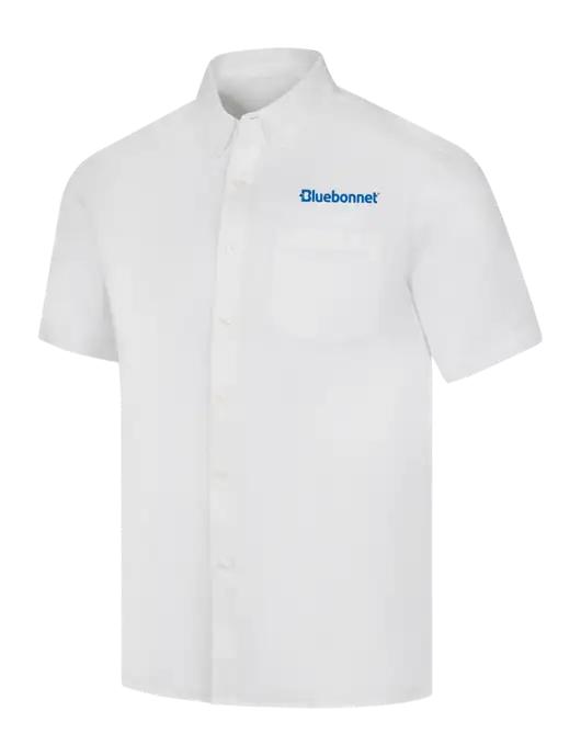 Short Sleeve White Superpro React Twill Shirt w/Bluebonnet Logo